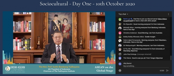 This image is a screenshot of the presentation by keynote speaker former President the Hon. Prof. Susilo Bambang Yudhoyono. It shows him in the middle of the screen presenting to the camera. On the right side of the screen is a chat function with introductions from participants.