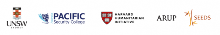This image shows five logos in a row: UNSW, Pacific Security College, Harvard Humanitarian Initiative, ARUP and SEEDS
