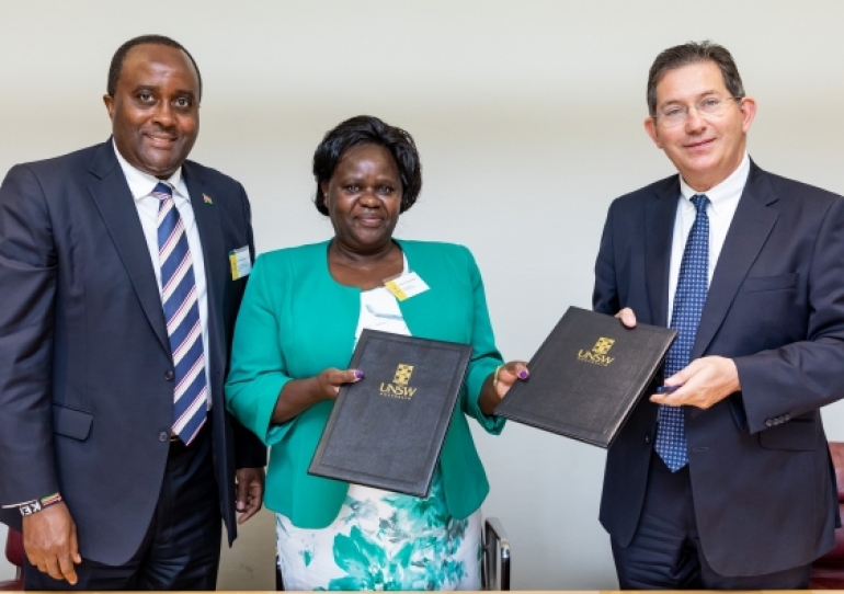 UNSW Sydney Vice-Chancellor and President Ian Jacobs, right, stands with Kenyan High Commissioner H.E. Mr Isaiya Kabira, and University of Eldoret Vice-Chancellor Professor Teresa Akenga