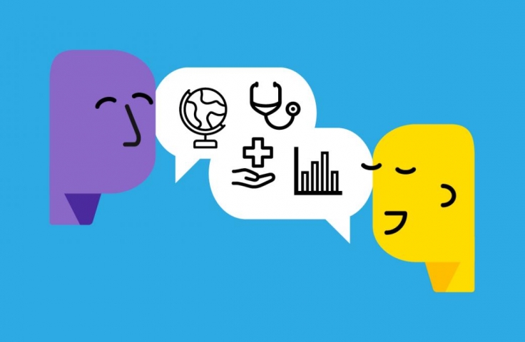 Two cartoon faces are facing eachother on a blue background. One is purple and the other is yellow. Between them are two speech bubbles with icons of the globe, a stethoscope, a hand with a medical cross and a chart.