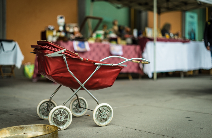 A red baby stroller
