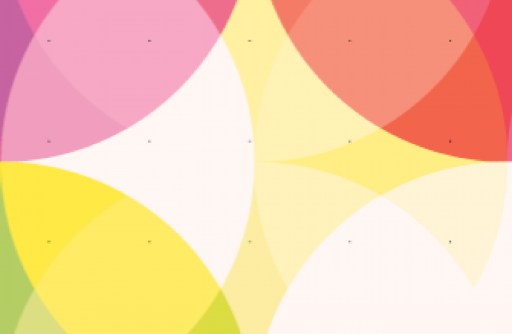 Circles overlapping. Top left corner is a magenta. Top right corner is pink. Bottom right corner is white. Bottom left corner is green and yellow. 