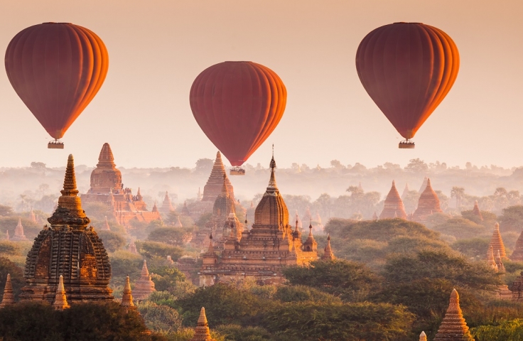 Hot Air Balloons over Myanmar Pagodas