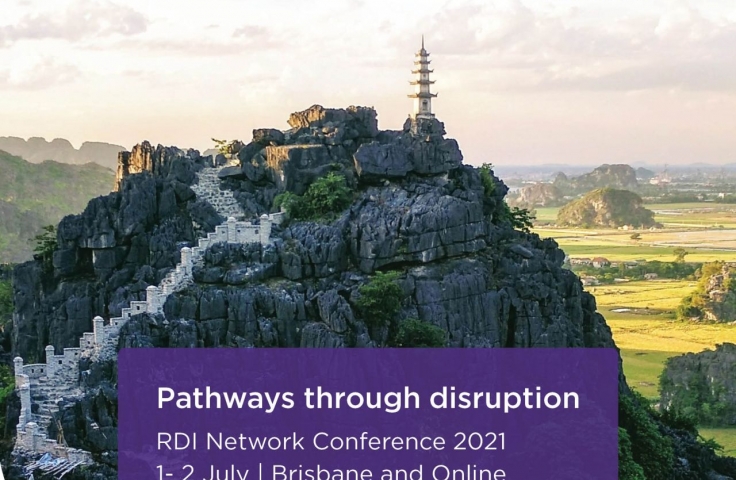 The background of this image depicts a monastery on a hill, with green landscape behind it. In the top left corner is the RDI Network logo. In the top right corner is the University of Queensland logo. In the foreground is a purple text box with white text that reads "Pathways through disruption RDI Network Conference 2021 1-2 July Brisbane, Online"