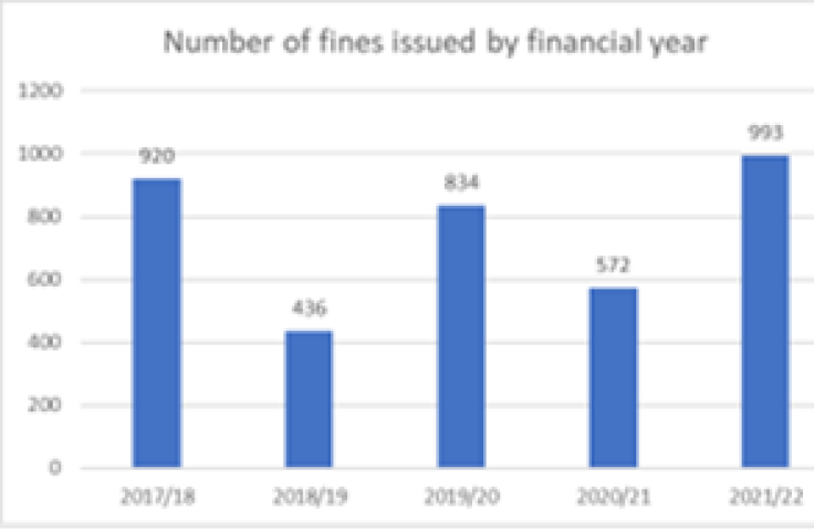 Graphs showing the number and values of fines issued by the year 