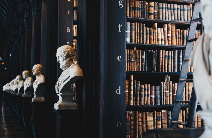 An old fashioned library shelf is in view. It has books stacked on it and is painted black. To the side of the shelf is a marble bust of a man. In the background, there are other shelves with various busts.