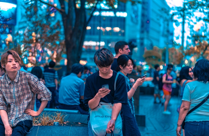 People are seated under a tree at twilight using mobile phones.