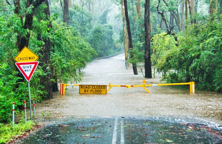 A road is covered by flood waters. There is a sign across the lanes indicating road is closed due to flood.