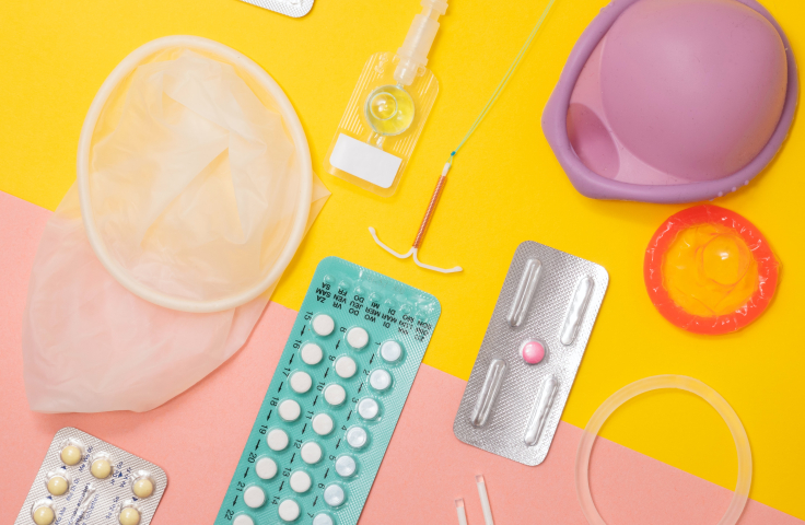 Reproductive health supplies: contraceptive pills, an IUD, condoms, a diaphrapm, implants