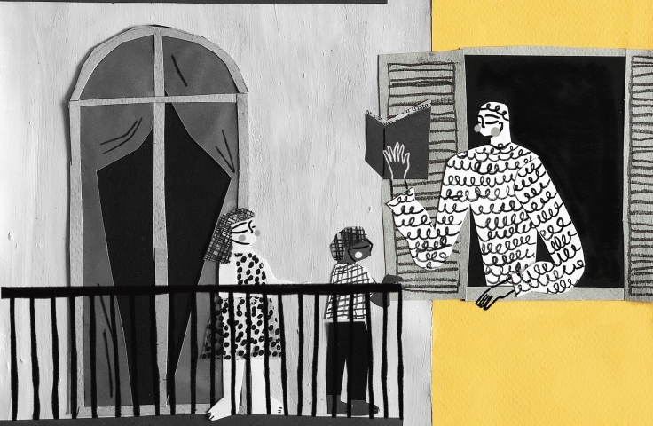 An illustration showing two children on a balcony and a neighbour reading a book to them. The image is white and black, with some yellow.