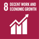 The image reads 8: Decent Work and Economic Growth. A chart is displayed underneath with an upwards arrow.
