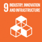 SDG9: Industry Innovation and Infrastructure. The background is orange and the white icon displays cubes stacked on top of eachother.